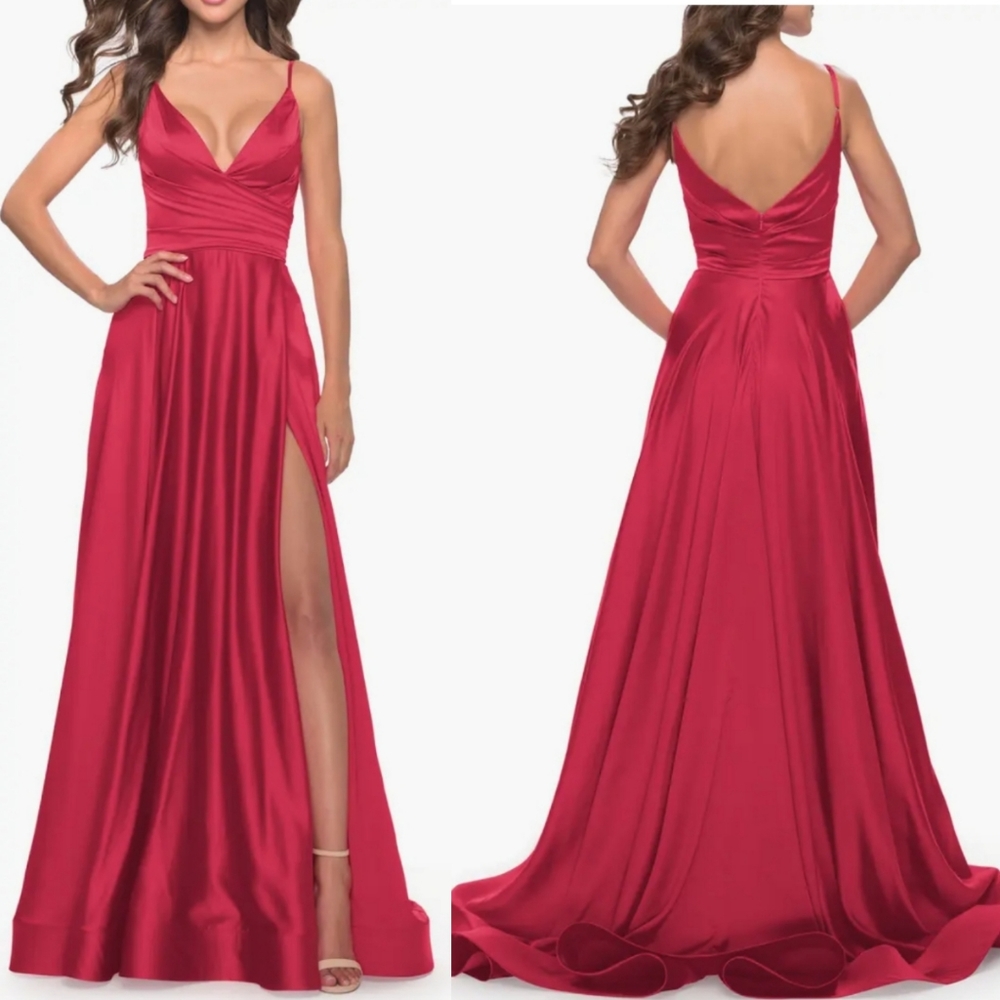 La Femme | Strappy Back Red Satin Ballgown NWOT